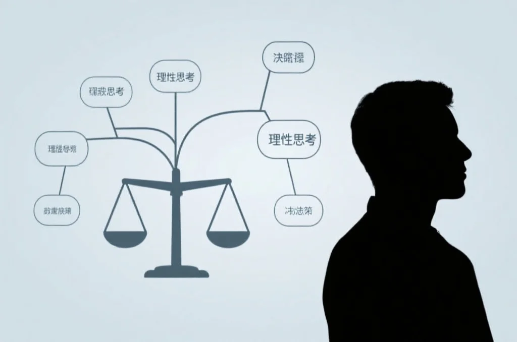 一个人物侧影,背景是清晰的思维导图和平衡的天平图标,象征着理性思考和明智决策
